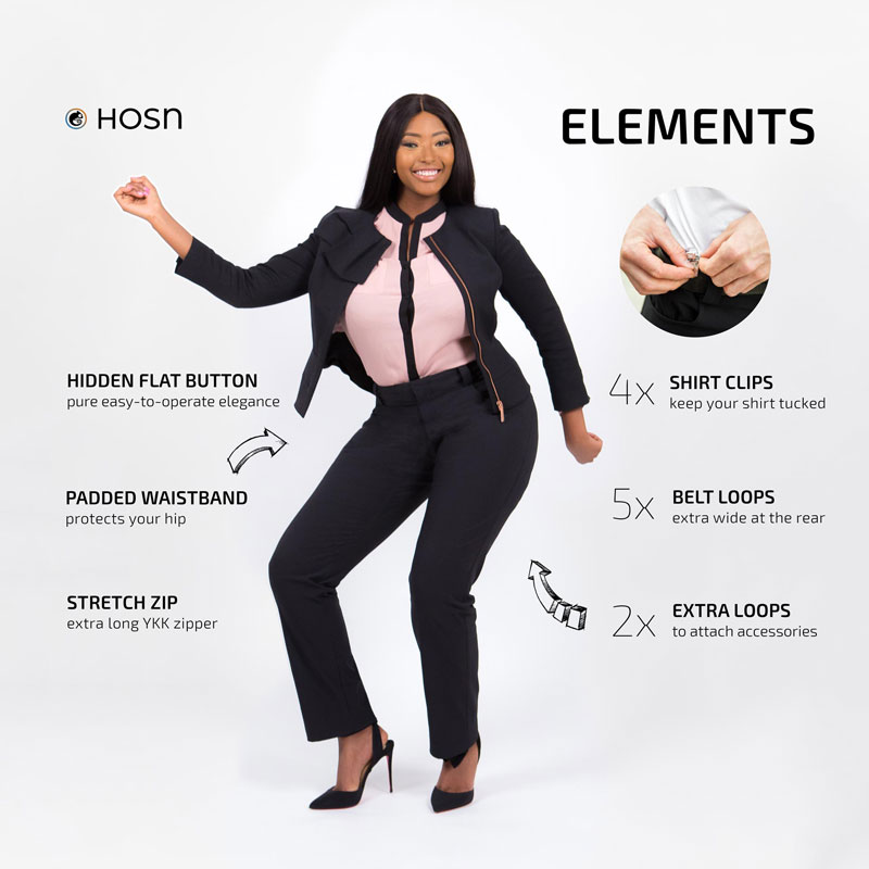 Woman wearing black suit trousers and a blazer looking happy with element descriptions of functional stretchy trousers: shirt clips, padded waistband, extra belt loops, stretchy zip, and many more